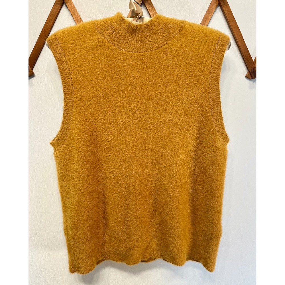Bailey 44 Mustard Yellow Fuzzy sleeveless sweater vest L mock neck